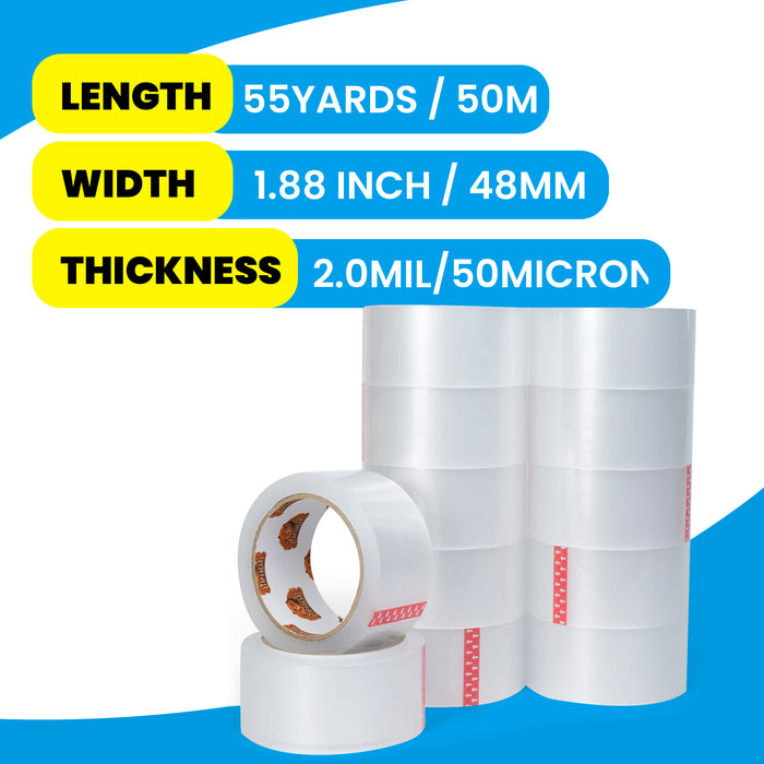 TAPEBEAR Clear Packing Tape 12 Rolls, 1.88" x 55Yards x 2.0mil Thick, Acrylic Adhesive Shipping Tape for Mailing, Sealing, Box Office Moving Packaging, Total 660Yards